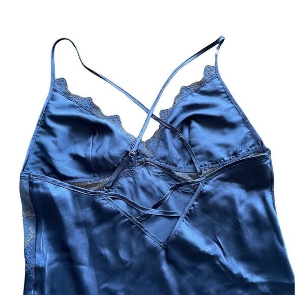 PARAH Lingerie Blue Satin Sleeveless Short Nightgown Nightdress Chemise Lace M - Picture 5 of 9